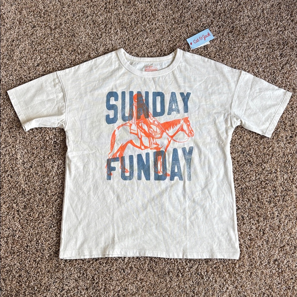 Cat & Jack Cotton Oversized Sunday Funday Beige Crewneck Short Sleeve Size XL